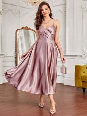 SHEIN Party Pearls Strap Overlap Collar Satin Cami Dress - Hues