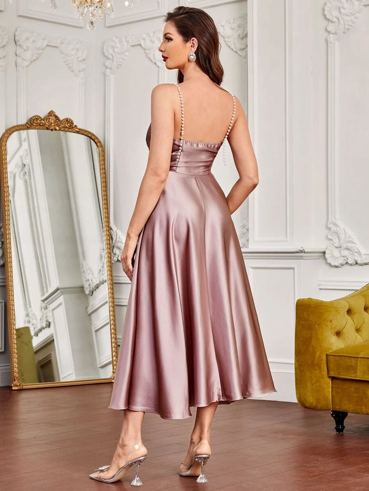 SHEIN Party Pearls Strap Overlap Collar Satin Cami Dress - Hues