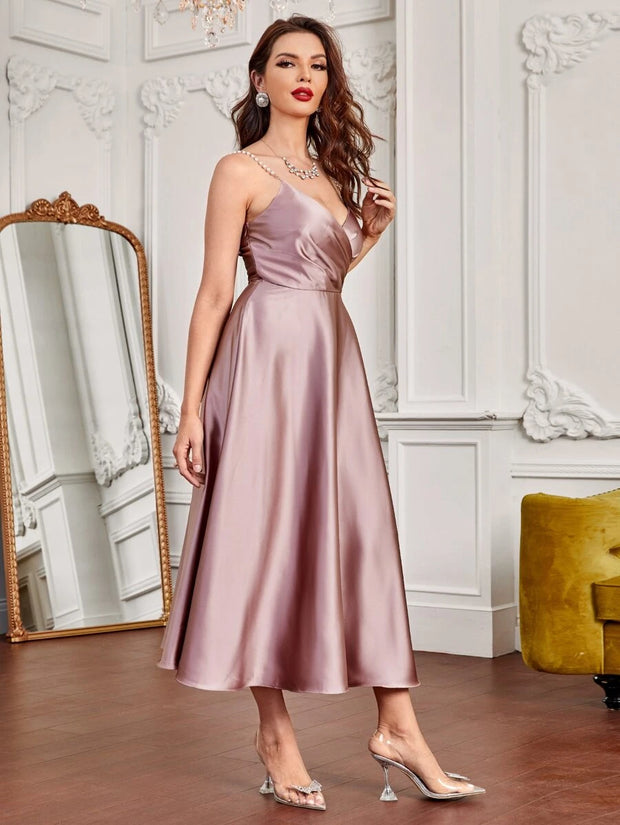 SHEIN Party Pearls Strap Overlap Collar Satin Cami Dress - Hues