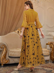 Floral Embroidered Overlap Collar Flounce Sleeve Belted Dress - Hues