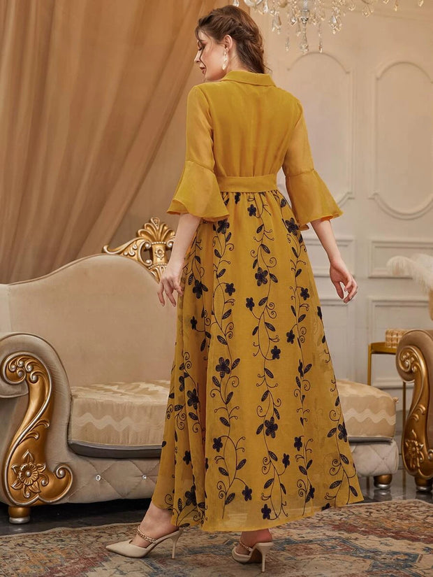 Floral Embroidered Overlap Collar Flounce Sleeve Belted Dress - Hues