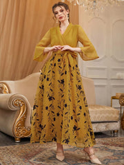 Floral Embroidered Overlap Collar Flounce Sleeve Belted Dress - Hues