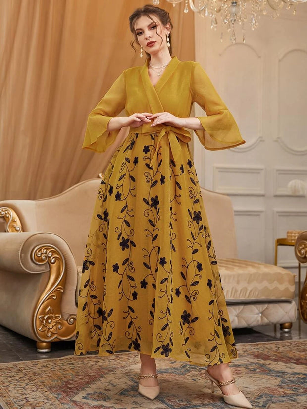 Floral Embroidered Overlap Collar Flounce Sleeve Belted Dress - Hues