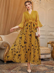 Floral Embroidered Overlap Collar Flounce Sleeve Belted Dress - Hues