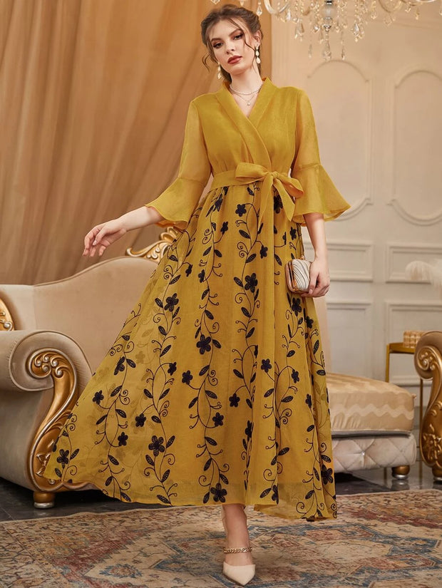 Floral Embroidered Overlap Collar Flounce Sleeve Belted Dress - Hues