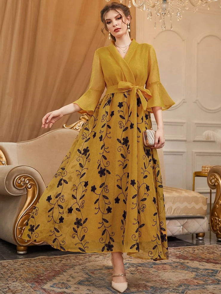 Floral Embroidered Overlap Collar Flounce Sleeve Belted Dress - Hues