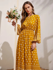 Floral and Geo Print Tassel Tie Neck Lantern Sleeve Dress - Hues