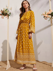 Floral and Geo Print Tassel Tie Neck Lantern Sleeve Dress - Hues