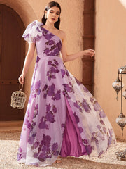 VCAY One Shoulder Knot Side Floral Dress - Hues