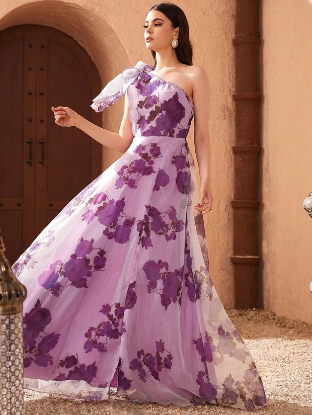 VCAY One Shoulder Knot Side Floral Dress - Hues