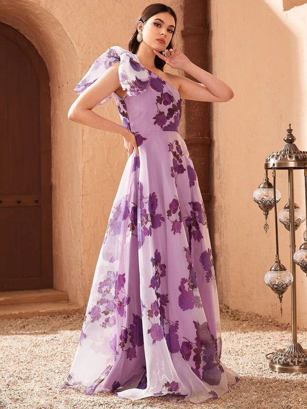VCAY One Shoulder Knot Side Floral Dress - Hues