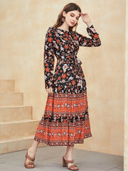 Floral Print Ruffle Hem Belted Dress - Hues