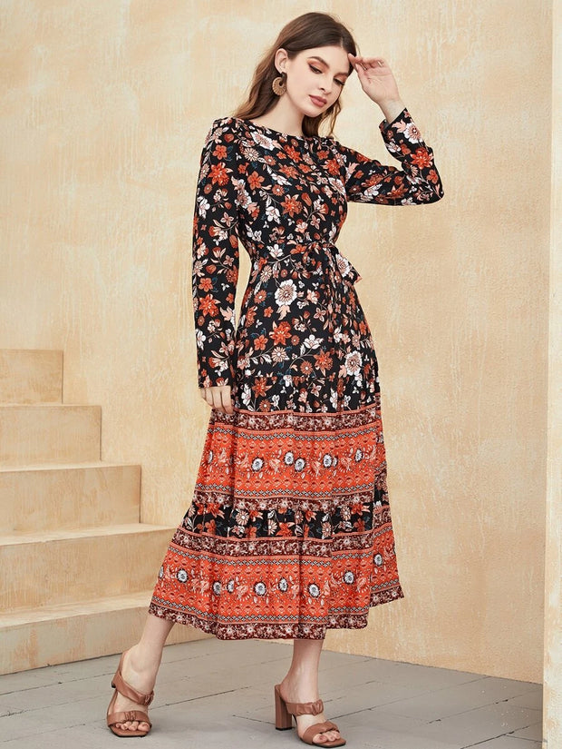 Floral Print Ruffle Hem Belted Dress - Hues