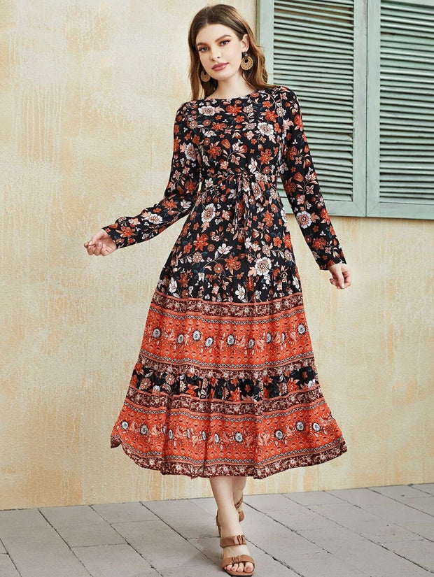 Floral Print Ruffle Hem Belted Dress - Hues
