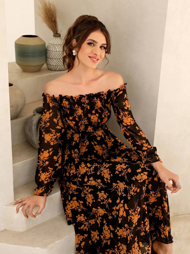 Floral Print Off Shoulder Shirred Flounce Sleeve Layered Hem Dress - Hues