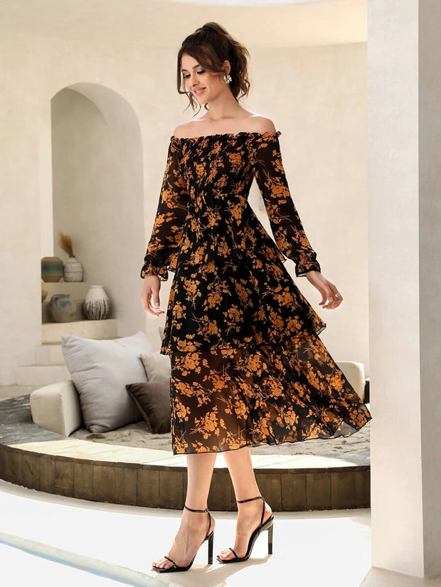 Floral Print Off Shoulder Shirred Flounce Sleeve Layered Hem Dress - Hues