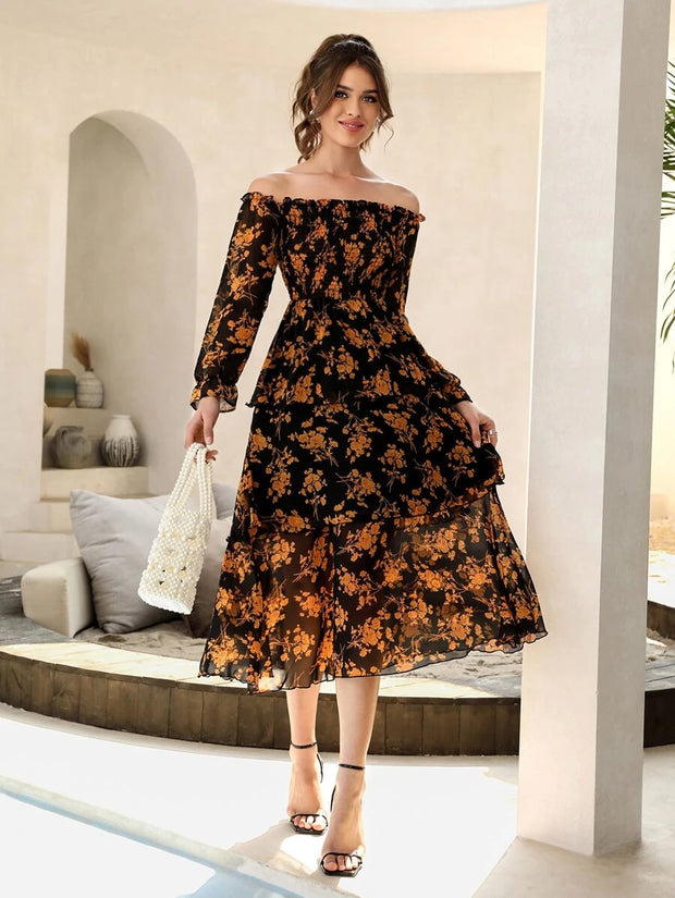 Floral Print Off Shoulder Shirred Flounce Sleeve Layered Hem Dress - Hues