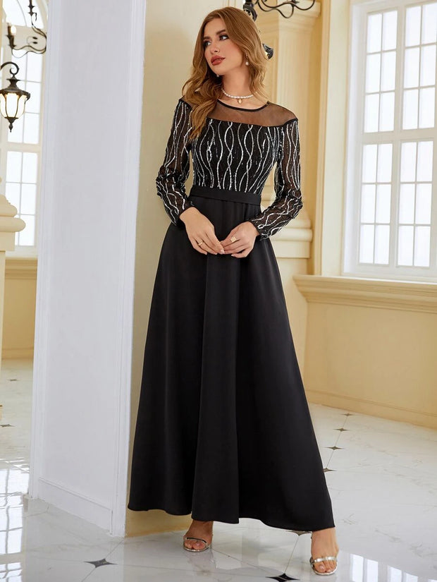 Modely Contrast Mesh Sequin Decor Dress. - Hues