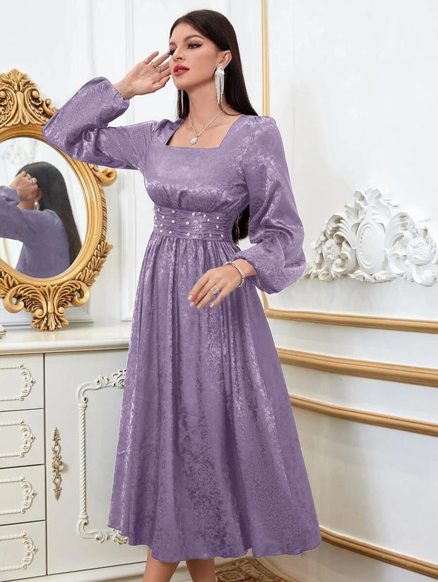 Floral Jacquard Pearls Beaded Lantern Sleeve Satin Dress - Hues