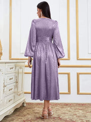 Floral Jacquard Pearls Beaded Lantern Sleeve Satin Dress - Hues