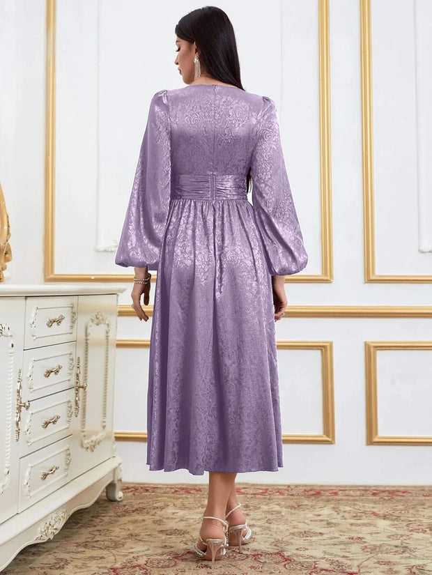 Floral Jacquard Pearls Beaded Lantern Sleeve Satin Dress - Hues
