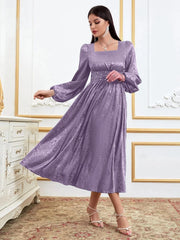 Floral Jacquard Pearls Beaded Lantern Sleeve Satin Dress - Hues