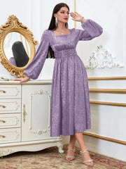 Floral Jacquard Pearls Beaded Lantern Sleeve Satin Dress - Hues