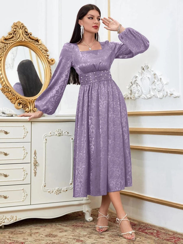 Floral Jacquard Pearls Beaded Lantern Sleeve Satin Dress - Hues