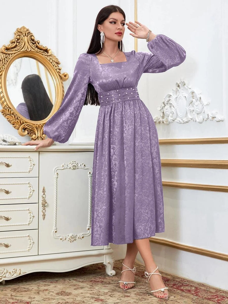 Floral Jacquard Pearls Beaded Lantern Sleeve Satin Dress - Hues