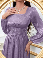 Floral Jacquard Pearls Beaded Lantern Sleeve Satin Dress - Hues