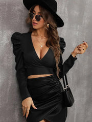 Gigot Sleeve Cross Wrap Tie Back Blouse - Hues