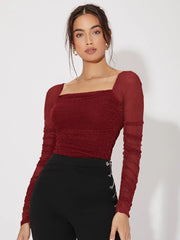 Felegant Mesh Panel Ruched Glitter Top - Hues