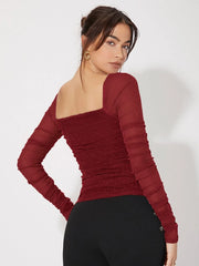 Felegant Mesh Panel Ruched Glitter Top - Hues