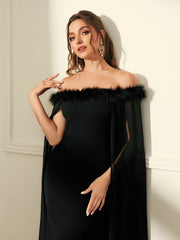 SHEIN Off Shoulder Fuzzy Trim Split Thigh Chiffon Prom Dress - Hues