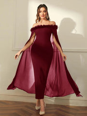 SHEIN Off Shoulder Fuzzy Trim Split Thigh Chiffon Prom Dress - Hues