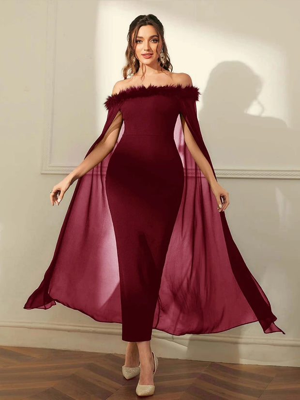SHEIN Off Shoulder Fuzzy Trim Split Thigh Chiffon Prom Dress - Hues
