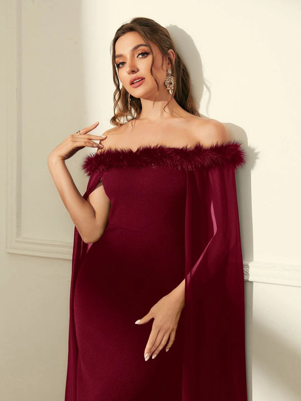 SHEIN Off Shoulder Fuzzy Trim Split Thigh Chiffon Prom Dress - Hues