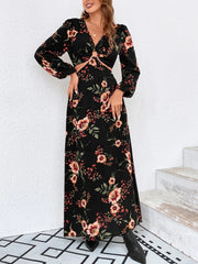 Floral Print Ring Linked Cut Out Lantern Sleeve Dress - Hues