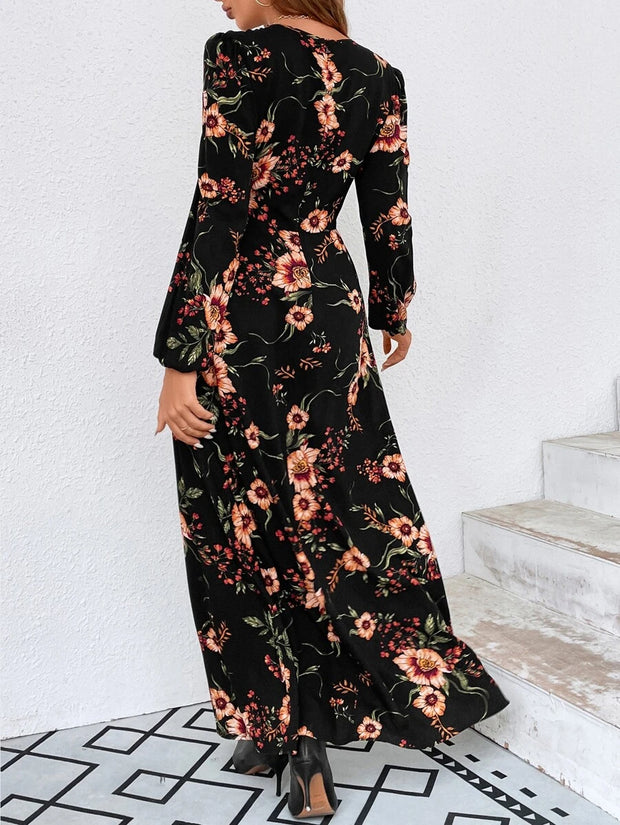 Floral Print Ring Linked Cut Out Lantern Sleeve Dress - Hues