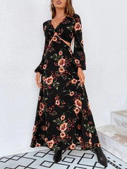 Floral Print Ring Linked Cut Out Lantern Sleeve Dress - Hues
