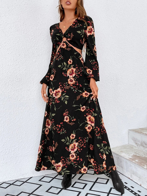 Floral Print Ring Linked Cut Out Lantern Sleeve Dress - Hues