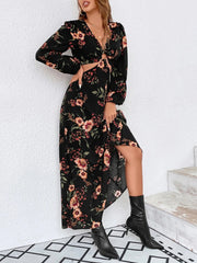 Floral Print Ring Linked Cut Out Lantern Sleeve Dress - Hues