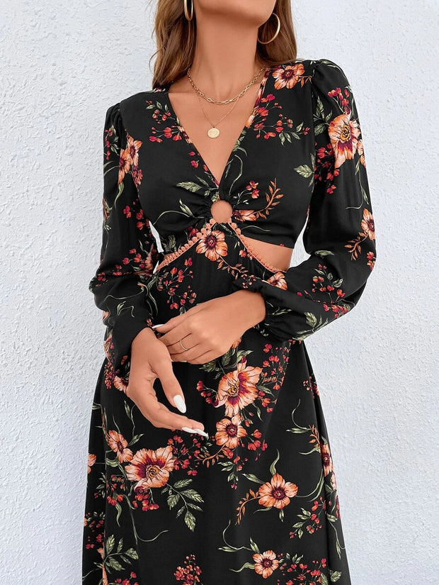 Floral Print Ring Linked Cut Out Lantern Sleeve Dress - Hues