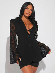 SHEIN SXY Lace Insert Flounce Sleeve Single Breasted Blazer - Hues