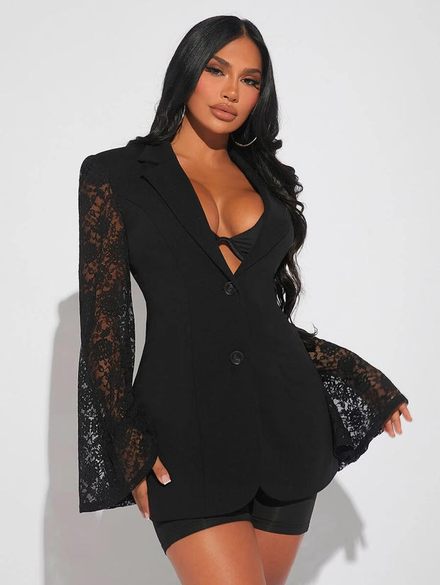 SHEIN SXY Lace Insert Flounce Sleeve Single Breasted Blazer - Hues