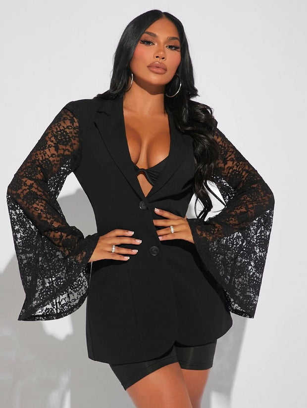 SHEIN SXY Lace Insert Flounce Sleeve Single Breasted Blazer - Hues