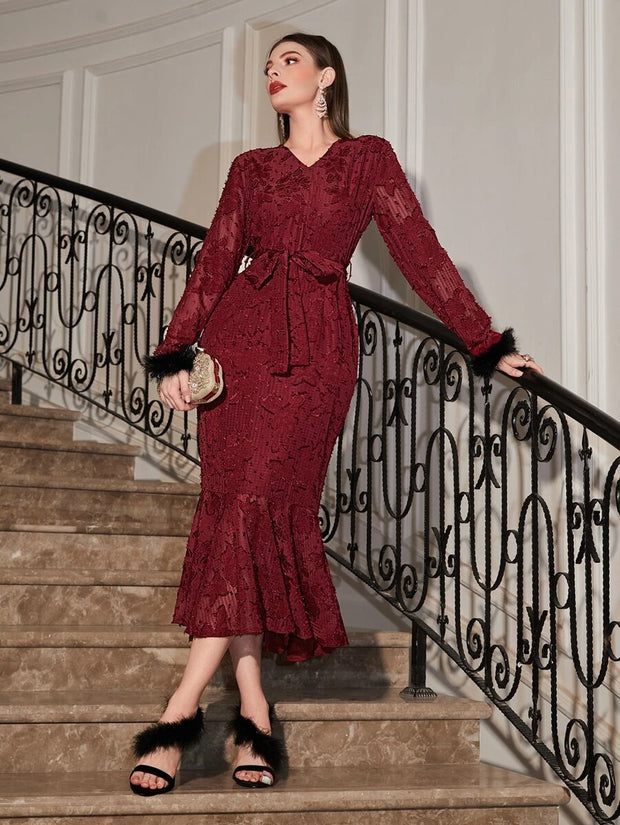 Fuzzy Cuff Mermaid Hem Belted Jacquard Dress - Hues