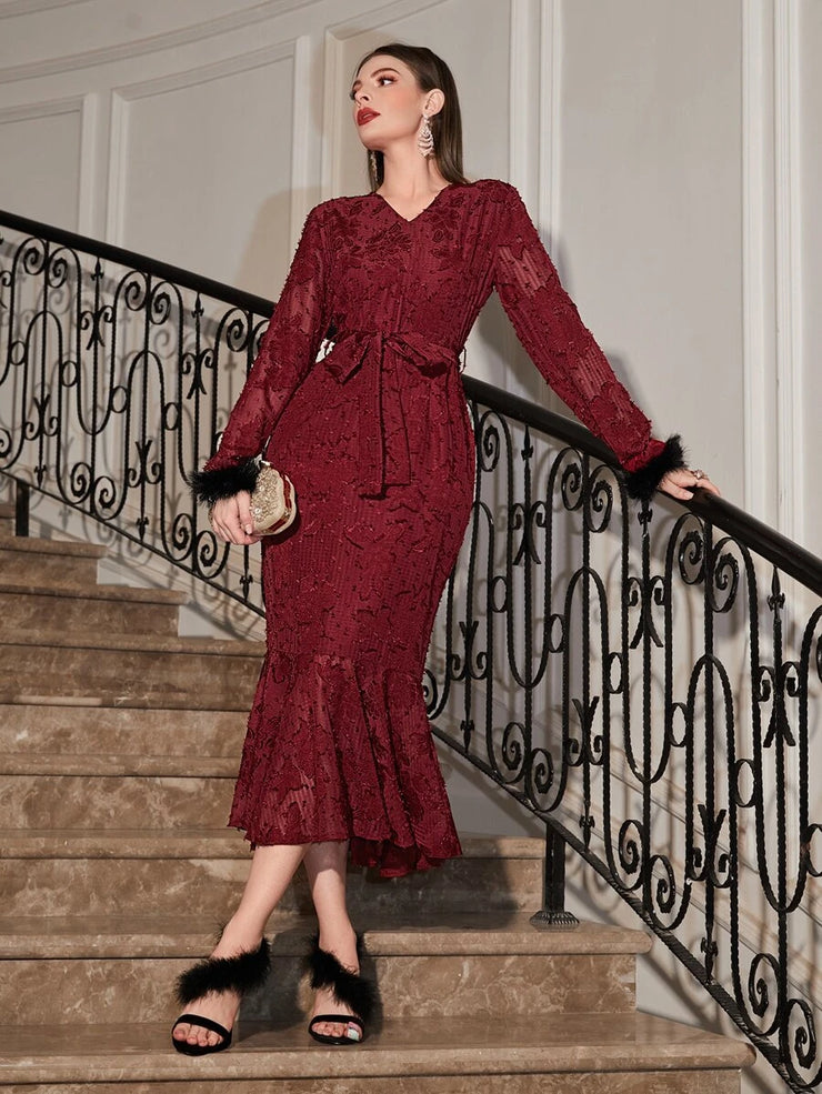 Fuzzy Cuff Mermaid Hem Belted Jacquard Dress - Hues