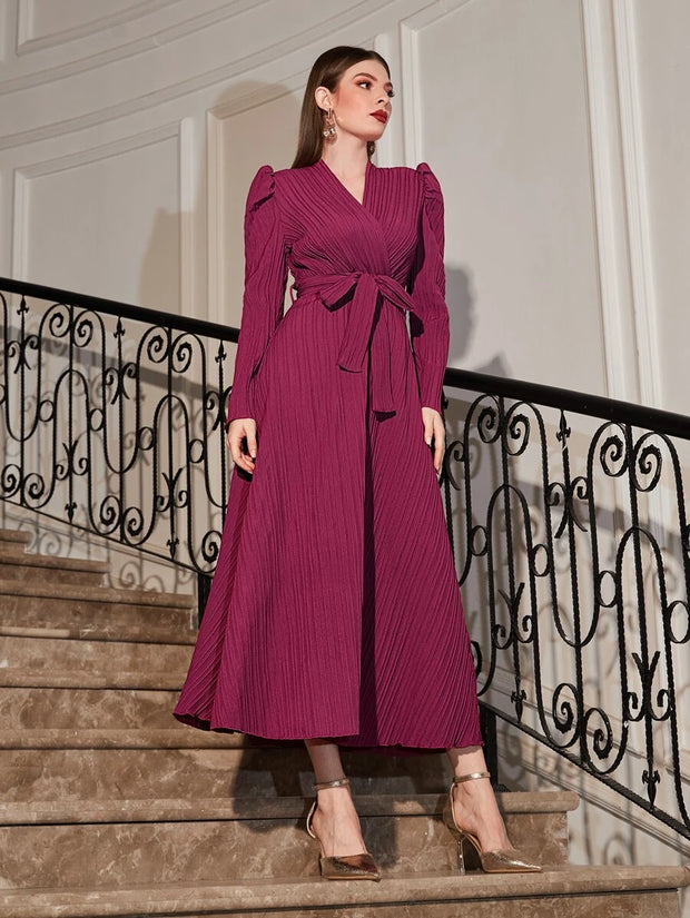 Puff Sleeve Wrap Belted Dress - Hues