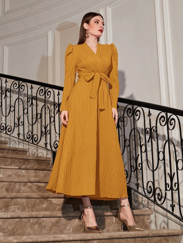 Puff Sleeve Wrap Belted Dress - Hues